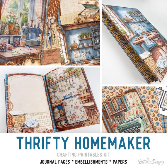 Thrifty Homemaker Junk Journal Kit (Standard) - Printable Pages, Papers and Embellishments for Crafting - 003872
