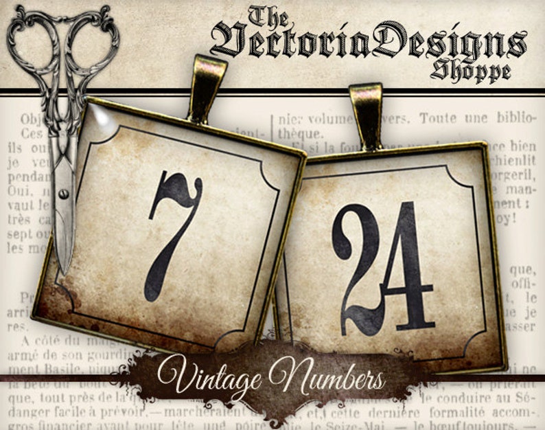 May include: Two vintage-style metal and glass number plaques with black numbers on a cream background. The numbers are 7 and 24. The plaques are attached to a gold-colored metal chain.