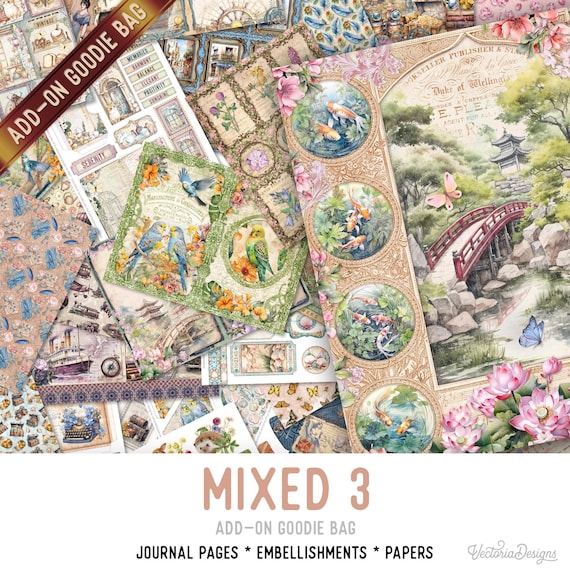Mixed 3 Goodie Bag, Junk Journal Pages, Papers, Junk Journal Printables, Junk Journal Supplies Printable Junk Journal Kit 003459
