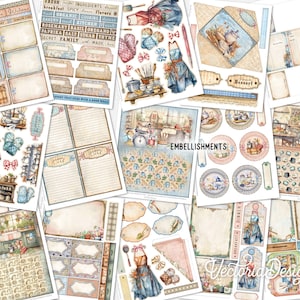 Puede incluir: Una hoja de collage digital con un tema de cocina. La hoja presenta ilustraciones de una cocina con una mujer con un delantal azul, un reloj, una estufa y una variedad de utensilios de cocina. La hoja tambi&eacute;n incluye varias etiquetas y marcos con texto como "Ingredientes frescos", "Desayuno", "Cena" y "Postre".