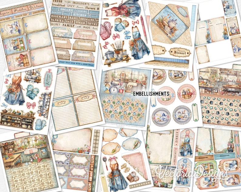 Puede incluir: Una hoja de collage digital con un tema de cocina. La hoja presenta ilustraciones de una cocina con una mujer con un delantal azul, un reloj, una estufa y una variedad de utensilios de cocina. La hoja tambi&eacute;n incluye varias etiquetas y marcos con texto como "Ingredientes frescos", "Desayuno", "Cena" y "Postre".