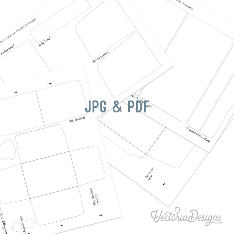 May include: Printable templates for a booklet with different sections labeled "Pocket panel", "Belly band", "Corner pockets", "Top (need 2)", "Flap envelope (need 2)", "Back front or back", "Flap panels in and out", and "Envelope base". The text "JPG & PDF" is also visible.