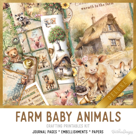 Farm Baby Animals Junk Journal Kit DELUXE - Printable Pages, Papers and Embellishments for Crafting - 003208