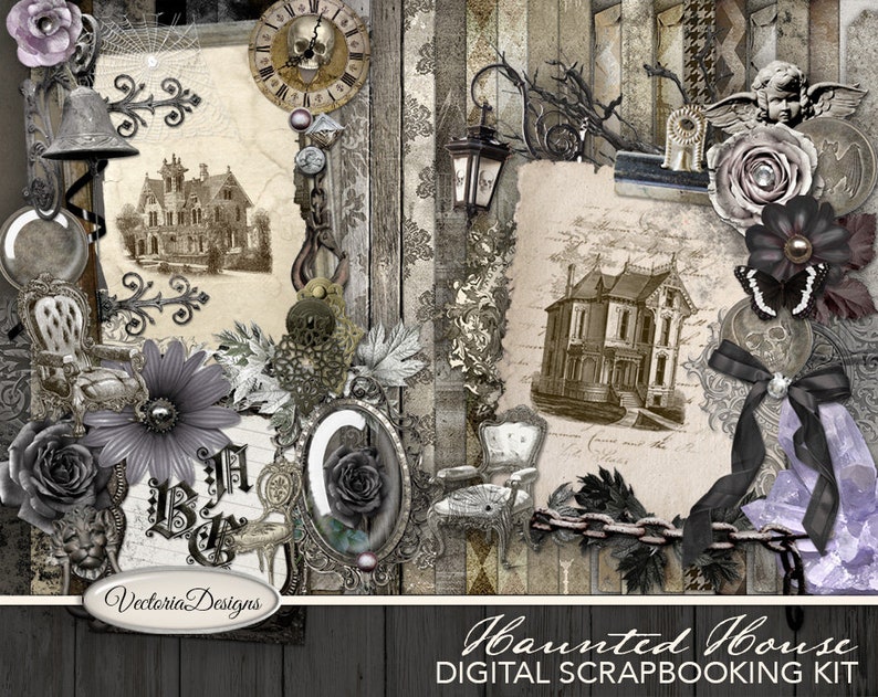 Haunted House Digital Scrapbooking Kit Digital Scrapbook Kit Halloween papers elements backgrounds alpha digital download 001774 image 1