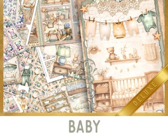 Baby Junk Journal Kit Large DELUXE, Baby Crafting Printables Kit Baby Embellishments Printable Paper Baby Craft Kit Baby Crafts - 003336