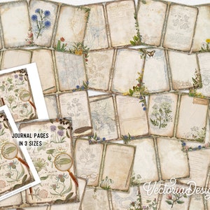 K&ouml;nnte beinhalten: Ein Satz druckbarer Journal-Seiten mit Vintage-Botanik-Illustrationen auf einer rustikalen, gealterten Papiertextur. Die Seiten sind in drei Gr&ouml;&szlig;en erh&auml;ltlich und zeigen verschiedene Blumenmuster, darunter Glockenblumen, L&ouml;wenzahn und andere Wildblumen.