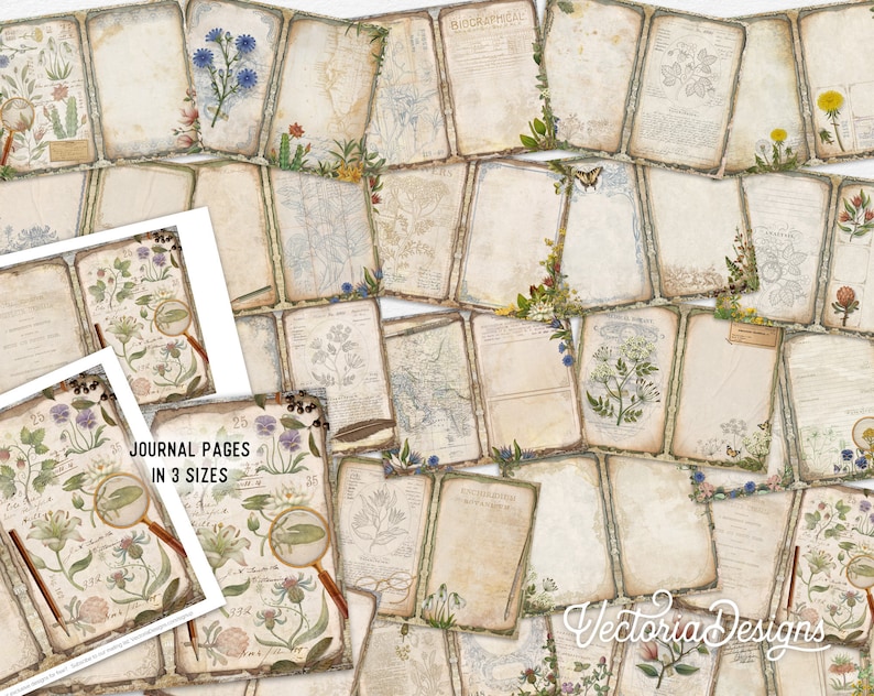K&ouml;nnte beinhalten: Ein Satz druckbarer Journal-Seiten mit Vintage-Botanik-Illustrationen auf einer rustikalen, gealterten Papiertextur. Die Seiten sind in drei Gr&ouml;&szlig;en erh&auml;ltlich und zeigen verschiedene Blumenmuster, darunter Glockenblumen, L&ouml;wenzahn und andere Wildblumen.