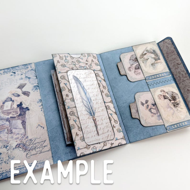May include: A blue and white scrapbook with pockets for holding photos, letters, and other mementos. The scrapbook has a vintage design with keys, feathers, and handwritten text. The words "Journal" and "Letter" are visible on the scrapbook.
