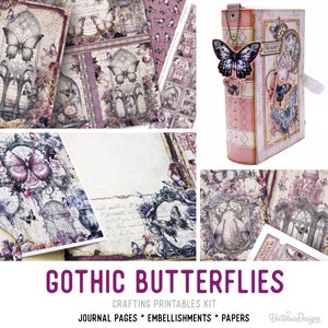 Gothic Butterflies Junk Journal Kit, Gothic Crafting Printables Kit Butterfly Embellishments Printable Paper Craft Kit Craft Tutorial 003152