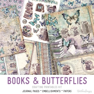 Books & Butterflies Junk journal Kit Crafting Printables Kit Butterfly Junk Journal Books Embellishments Butterfly Paper Craft Kits 002998