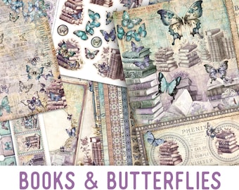 Books & Butterflies Junk journal Kit Crafting Printables Kit Butterfly Junk Journal Books Embellishments Butterfly Paper Craft Kits 002998