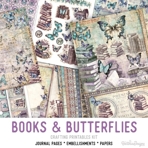 Books & Butterflies Junk journal Kit (Standard) - Printable Pages, Papers and Embellishments for Crafting - 002998