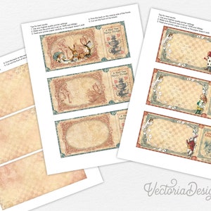 May include: Printable Alice in Wonderland Mad Tea Party ticket template with a vintage design. The template features a chequered background with a whimsical illustration of Alice and the Mad Hatter. The text "A Mad Tea Party Ticket" and "Down the Rabbit Hole" are included on the template.