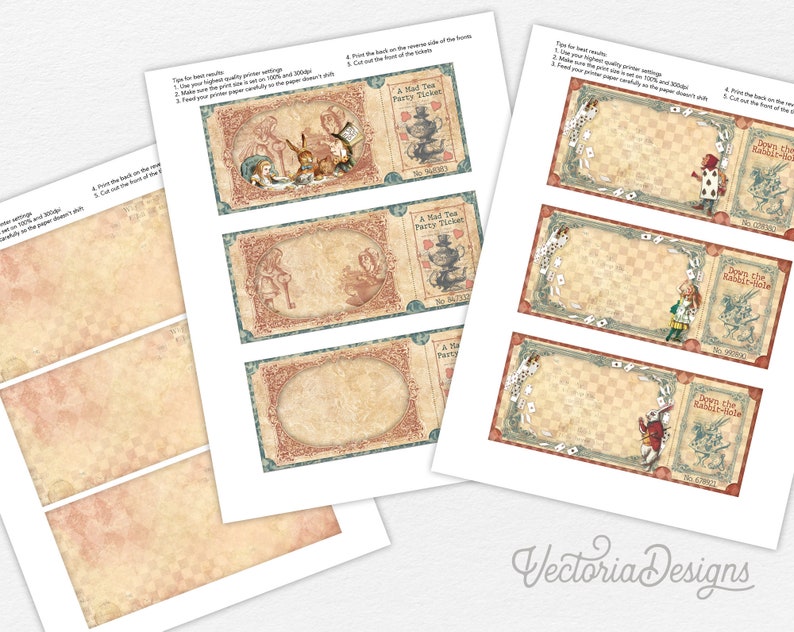 May include: Printable Alice in Wonderland Mad Tea Party ticket template with a vintage design. The template features a chequered background with a whimsical illustration of Alice and the Mad Hatter. The text "A Mad Tea Party Ticket" and "Down the Rabbit Hole" are included on the template.