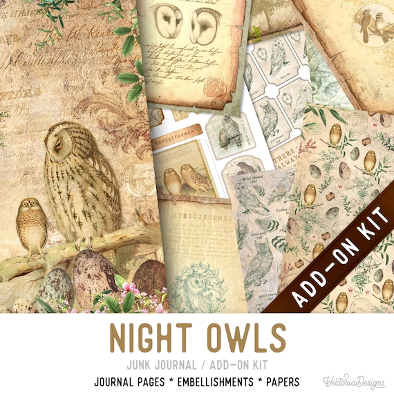 Night Owls Junk Journal Kit ADD-ON, Printable Craft kit with Journal Pages, Papers and more - 003280