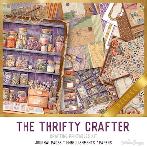 May include: A digital crafting kit with a vintage aesthetic. The image features a shelf filled with jars of beads and supplies, alongside patterned papers, postcards, and the text "THE THRIFTY CRAFTER". Includes journal pages, embellishments, and papers.