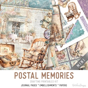 Postal Memories Junk Journal Kit MINI, Memories Crafting Printables Post Embellishments Printable Vintage Mail Paper Junk Journal 003598