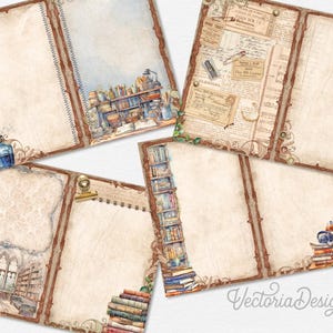Pode incluir: Seis p&aacute;ginas de di&aacute;rio imprim&iacute;veis com designs de inspira&ccedil;&atilde;o vintage. Cada p&aacute;gina apresenta uma borda decorativa diferente com imagens de livros, uma garrafa de tinta e uma pena. As p&aacute;ginas s&atilde;o perfeitas para o di&aacute;rio, o scrapbooking ou outros projetos criativos.