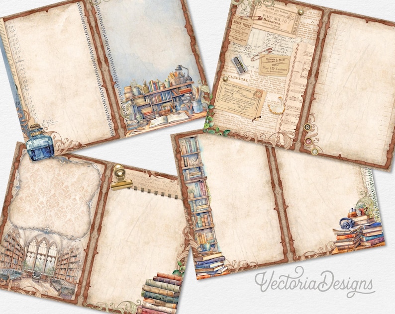 Pode incluir: Seis p&aacute;ginas de di&aacute;rio imprim&iacute;veis com designs de inspira&ccedil;&atilde;o vintage. Cada p&aacute;gina apresenta uma borda decorativa diferente com imagens de livros, uma garrafa de tinta e uma pena. As p&aacute;ginas s&atilde;o perfeitas para o di&aacute;rio, o scrapbooking ou outros projetos criativos.