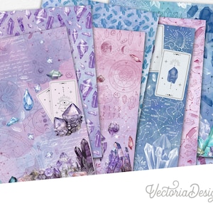 May include: A set of six digital paper designs featuring watercolor illustrations of crystals, stars, and celestial symbols in shades of purple, blue, and pink. The papers are perfect for scrapbooking, card making, and other crafting projects.
