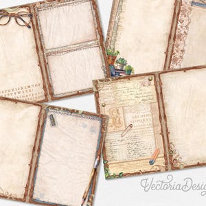 Pode incluir: Um conjunto de seis p&aacute;ginas de di&aacute;rio imprim&iacute;veis em estilo vintage com um esquema de cores marrom e creme. As p&aacute;ginas apresentam bordas decorativas, texto escrito &agrave; m&atilde;o e espa&ccedil;os em branco para escrever ou desenhar.