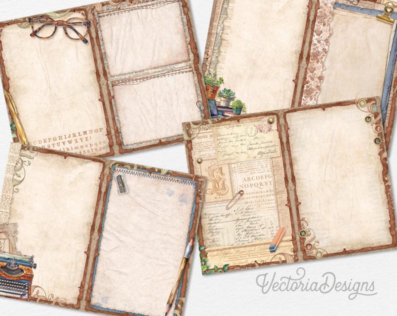 Pode incluir: Um conjunto de seis p&aacute;ginas de di&aacute;rio imprim&iacute;veis em estilo vintage com um esquema de cores marrom e creme. As p&aacute;ginas apresentam bordas decorativas, texto escrito &agrave; m&atilde;o e espa&ccedil;os em branco para escrever ou desenhar.