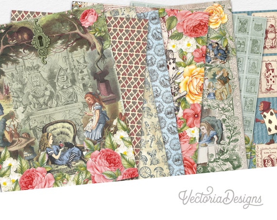 Down the Rabbit Hole, Alice in Wonderland Paper Pack, Printable Paper Pack, White Rabbit, Mad Hatter, Scrapbook Paper, Junk journal - 002499