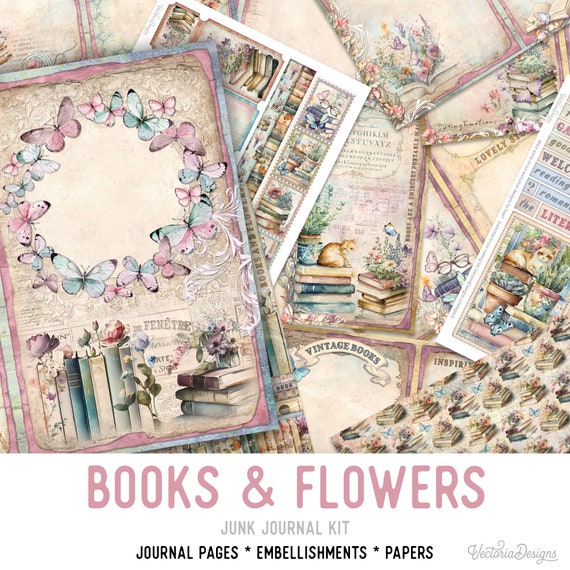 Books & Flowers Junk Journal Kit - Printable Pages for Crafting - 002999