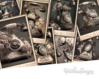 Fantasy Vintage Floral Phones Cards Printable Cards Vintage Phone Junk Journal Embellishments Printable Scrapbooking Craft Elements - 002914