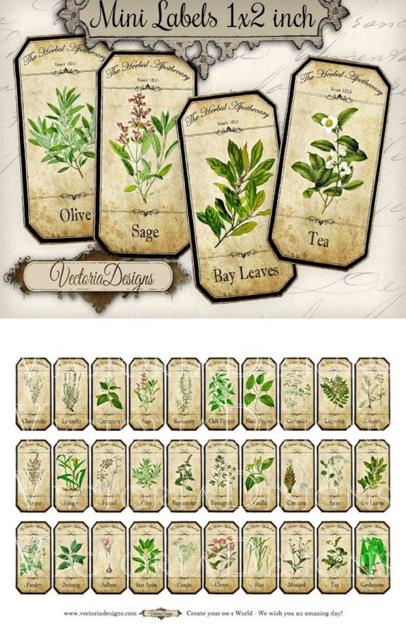 May include: A set of 24 vintage-style labels featuring illustrations of various herbs and spices. Each label is rectangular and has a brown background with black borders. The labels are arranged in four rows of six. The text on the labels includes the names of the herbs and spices, such as "Chamomile", "Lavender", "Rosemary", "Chili Pepper", "Black Pepper", "Liquorice", "Thyme", "Ginger", "Fennel", "Olive", "Peppermint", "Fenugreek", "Vanilla", "Cumin", "Anise", "Bay Leaves", "Parsley", "Nutmeg", "Saffron", "Star Anise", "Cumin", "Cloves", "Rice", "Mustard", "Tea", and "Cardamom".