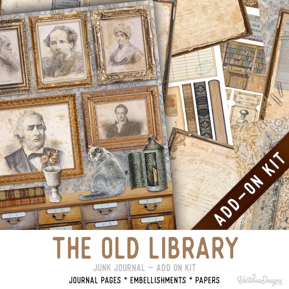 Old Library Junk Journal Kit, Printable Pages, Embellishments, Papers (Add-On) - 003211