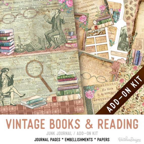 Vintage Books & Reading Junk Journal Kit ADD-ON, Printable Craft kit with Journal Pages, Embellishments and Papers - 0032012