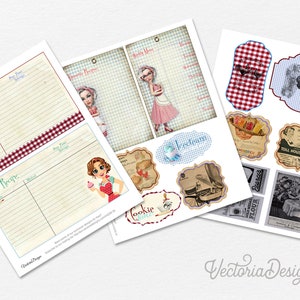 May include: Printable recipe cards with a vintage aesthetic. The cards feature a red and white gingham pattern, illustrations of women in vintage clothing, and text that says "Recipe" and "Cookie Time".