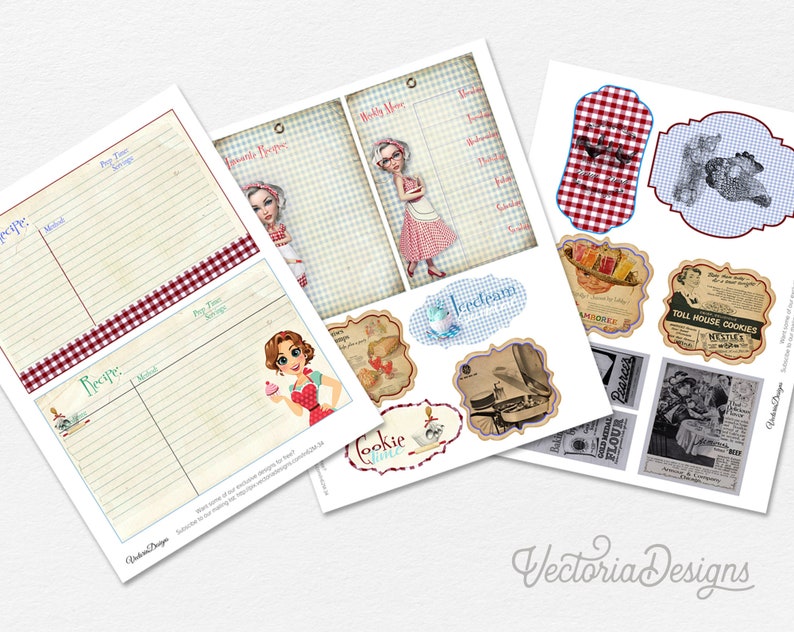 May include: Printable recipe cards with a vintage aesthetic. The cards feature a red and white gingham pattern, illustrations of women in vintage clothing, and text that says "Recipe" and "Cookie Time".