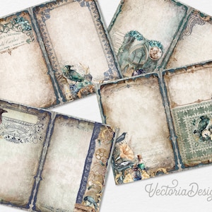 May include: Six vintage-style printable journal pages with a blue and brown color scheme. Each page features a different design with a raven, a clock, and a book. The pages are perfect for scrapbooking, journaling, or card making.