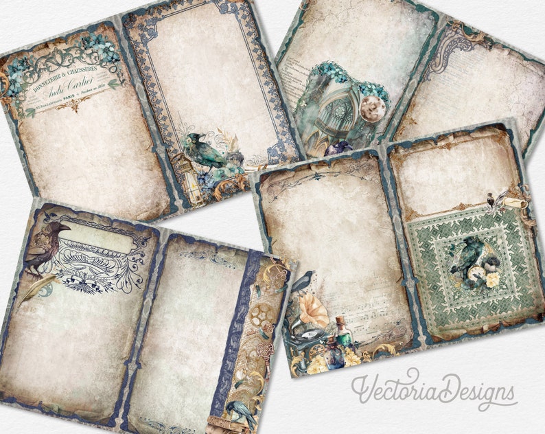 May include: Six vintage-style printable journal pages with a blue and brown color scheme. Each page features a different design with a raven, a clock, and a book. The pages are perfect for scrapbooking, journaling, or card making.