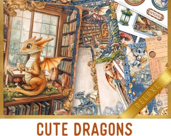 Cute Dragons Junk Journal Kit (DELUXE) - Printable Craft Kit with Journal Pages, Embellishments & Papers - 004054