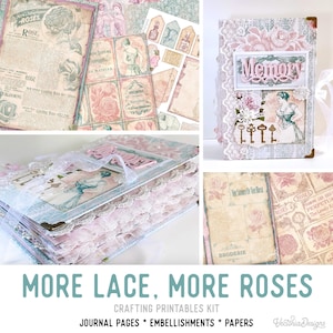More Lace More Roses Crafting Printables Kit, Roses Junk Journal, Embellishments, Printable Paper Pack, Craft Kits, Journal Tutorial 002387