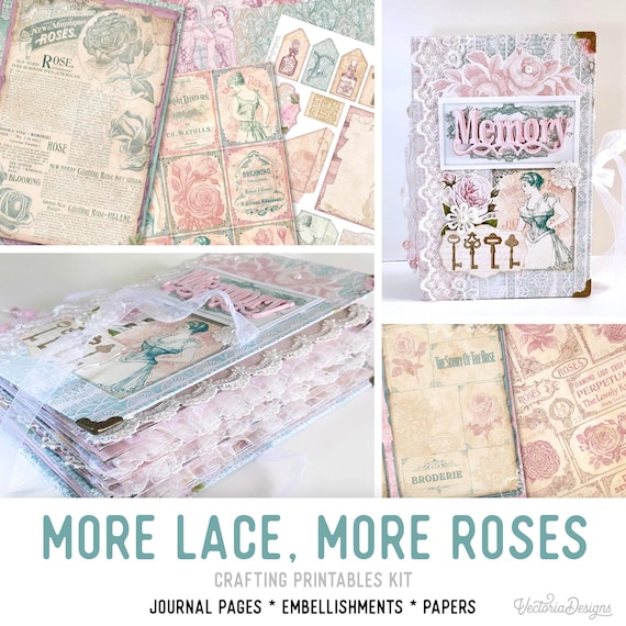 More Lace More Roses Junk Journal Kit (Standard) - Printable Craft Kit with Journal Pages, Embellishments & Papers - 002387