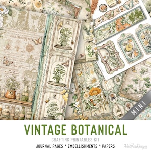 Vintage Botanical Junk Journal Kit New MINI, Botanical Crafting Printables Kit Botanical Embellishments Printable Paper Kit Craft 003335