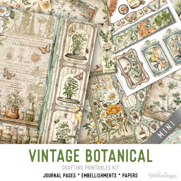Vintage Botanical Junk Journal Kit New MINI, Botanisches Bastelset zum Ausdrucken Botanische Verzierungen Druckbares Papierset Basteln 003335
