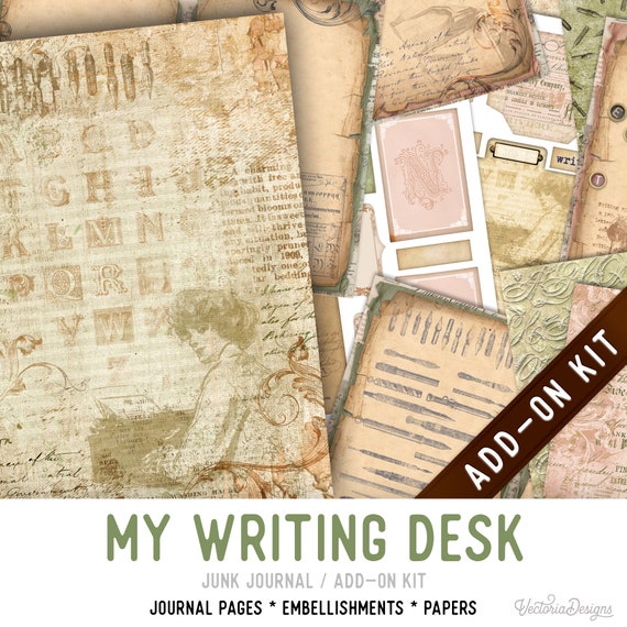 My Writing Desk Junk Journal Kit ADD-ON, Printable Craft kit with Journal Pages, Embellishments and Papers - 003219