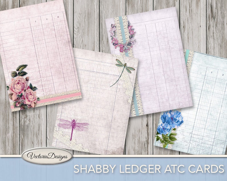 Shabby Ledger ATC cards printable cards floral flower 2.5 x 3.5 inch paper crafting scrapbooking digital download instant sheet 001735 image 1