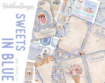 Sweets in Blue Junk Journal Kit, Dessert Embellishments, Junk Journal Crafting Kit, Craft kits, Printable Kit, Scrapbooking Kit, 002416