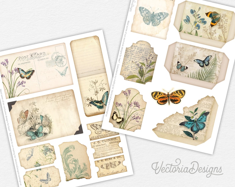 May include: A sheet of vintage-style printable scrapbook paper with a variety of designs featuring butterflies, flowers, and text. The paper is cream-colored with a distressed look and includes a postcard, a notecard, and several tags.