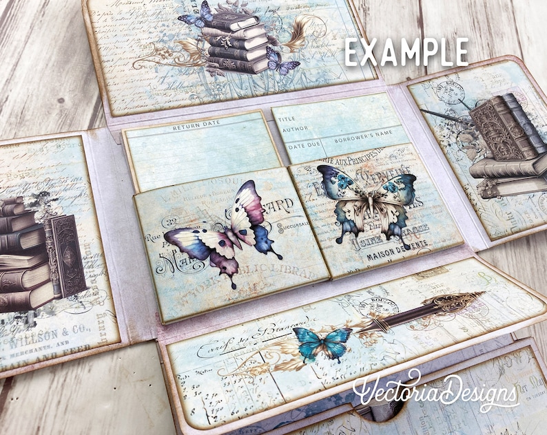 May include: A decorative paper craft box with a vintage book theme. The box is decorated with butterflies, books, and a quill pen. The box has several compartments and is labelled with the words "Return Date", "Title", "Author", "Date Due", and "Borrower's Name".