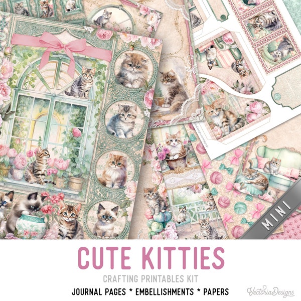 Mini kit de carnet de bords mignons chatons, kit de créations imprimables chats embellissements chatons kit de créations créatives en papier à imprimer chats - 003330