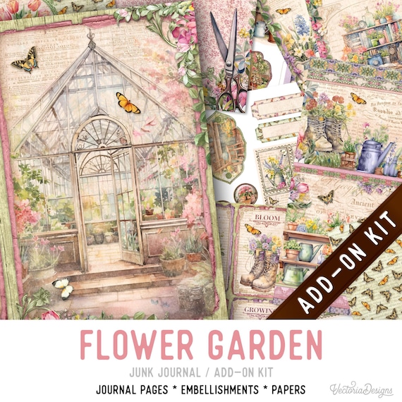 Flower Garden Junk Journal Kit, Printable Pages Embellishments Papers (Add-On) - 003483