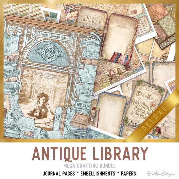 Antique Library DELUXE MEGA Crafting Bundle, Library Printables, Printable Paper, Embellishments, Library Junk Journal, Craft Kits - 002801