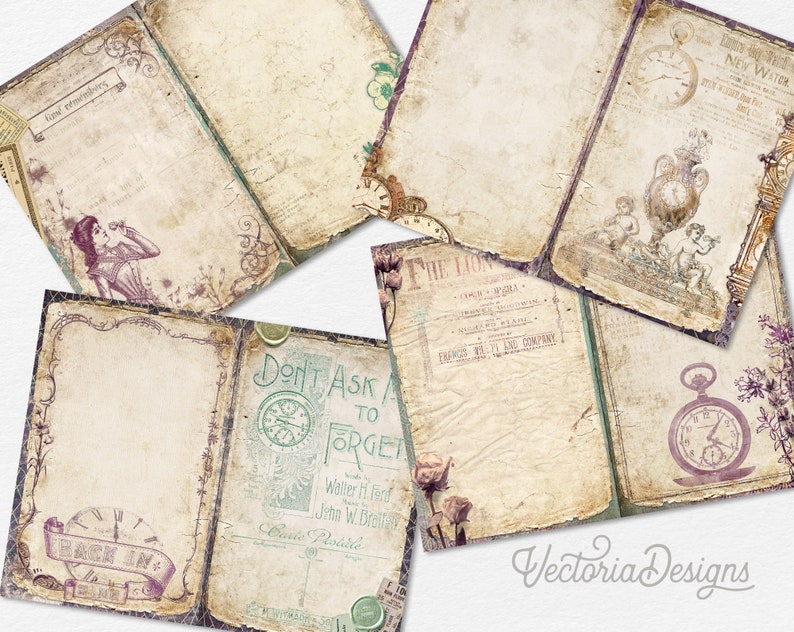 Op de afbeelding: Een vintage-stijl scrapbook met pagina's met verschillende afbeeldingen, waaronder klokken, bloemen en tekst. De pagina's zijn versierd met sierlijke randen en hebben een verweerde, verouderde uitstraling.